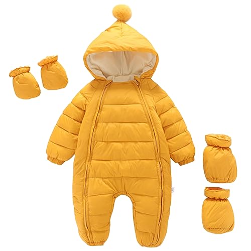 LCIGIA Schneeanzug Baby Strampler Neugeborene Kinder Jungen Overall Skianzug Jumpsuit Mit Kapuze Mädchen Einteilige Daunenjacke Mit Handschuhen Winter Schneeoverall, Gelb, 50-62 von LCIGIA