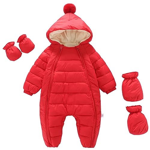 LCIGIA Schneeanzug Baby Strampler Neugeborene Kinder Jungen Overall Skianzug Jumpsuit Mit Kapuze Mädchen Einteilige Daunenjacke Mit Handschuhen Winter Schneeoverall, Rot, 68-74 von LCIGIA