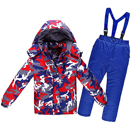 LCIGIA Schneeanzug Mädchen Skijacke Jungen Skianzug Kinder 2 Teilig Wasserdichte Fleecejacke Mit Abnehmbarer Kapuze Jacke + Hosenträgerhose, Dunkelblau + Camouflage, 122-128 von LCIGIA