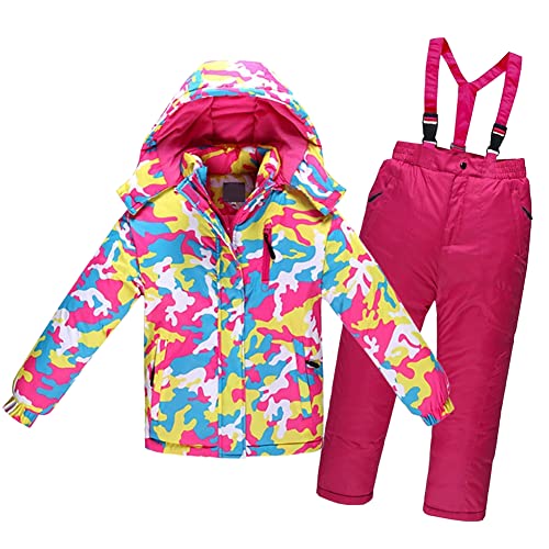 LCIGIA Schneeanzug Mädchen Skijacke Jungen Skianzug Kinder 2 Teilig Wasserdichte Fleecejacke Mit Abnehmbarer Kapuze Jacke + Hosenträgerhose, Rosa + Camouflage, 128-134 von LCIGIA