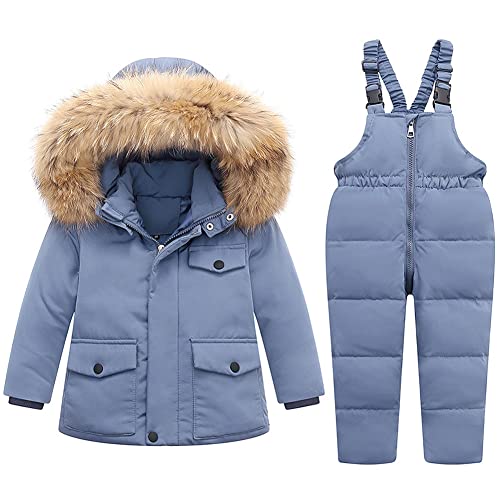 LCIGIA Skianzug Mädchen Kinder Schneeanzug 2tlg Winterjacke Jungen Skijacke Verdickte Jacke Mit Abnehmbarem Pelzkragen Winddichte Daunenjacke + Hose, Blau, 116 von LCIGIA