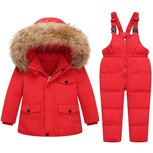 LCIGIA Skianzug Mädchen Kinder Schneeanzug 2tlg Winterjacke Jungen Skijacke Verdickte Jacke Mit Abnehmbarem Pelzkragen Winddichte Daunenjacke + Hose, Rot, 104-110 von LCIGIA