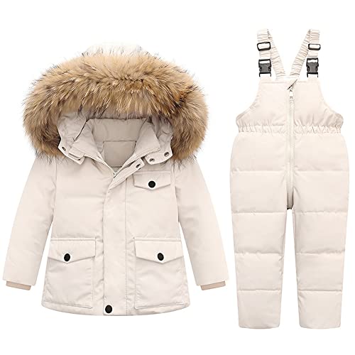 LCIGIA Skianzug Mädchen Kinder Schneeanzug 2tlg Winterjacke Jungen Skijacke Verdickte Jacke Mit Abnehmbarem Pelzkragen Winddichte Daunenjacke + Hose, Weiß, 98 von LCIGIA