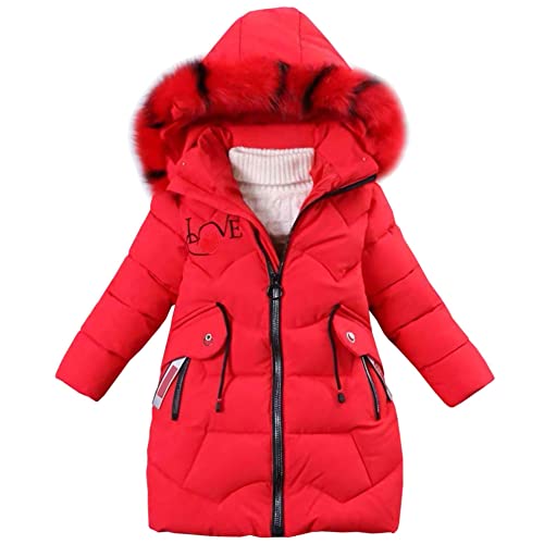 LCIGIA Winterjacke Mädchen Kinder Jacke Mit Abnehmbare Fellkapuze Verdickte Steppjacke Warme Wintermantel Outdoor Baumwolljacke, Rot, 128-134 von LCIGIA