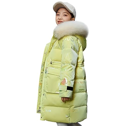 LCIGIA Winterjacke Mädchen Kinder Wintermantel mit Abnehmbare Kapuze Warme Steppjacke Verdickte Daunenjacke mit Reflektierender Buchstabe, Gelb, 116 von LCIGIA