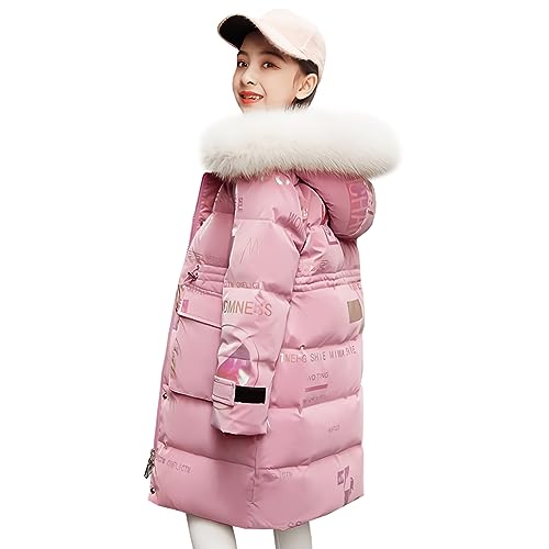 LCIGIA Winterjacke Mädchen Kinder Wintermantel mit Abnehmbare Kapuze Warme Steppjacke Verdickte Daunenjacke mit Reflektierender Buchstabe, Rosa, 122-128 von LCIGIA