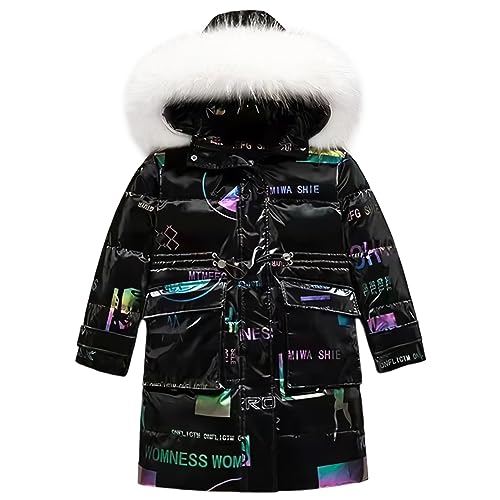 LCIGIA Winterjacke Mädchen Kinder Wintermantel mit Abnehmbare Kapuze Warme Steppjacke Verdickte Daunenjacke mit Reflektierender Buchstabe, Schwarz, 116 von LCIGIA