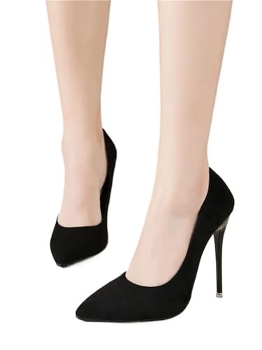 Hochzeitsschuhe Damen 12cm High Heels Wildleder Weibliche Spitzen Dünne Ferse Flachen Mund Version Rosa Einzelnen Schuhe Große Größe(Black,37) von LCKKJHG