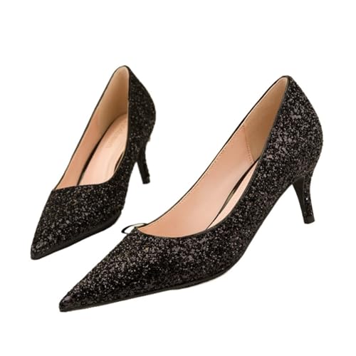 Hochzeitsschuhe Damen Herbstmode Pailletten Stoff Frauen Pumps High Heels 6cm Spitze Zehen Damen Büro Kleid Schuh(Black,4.5) von LCKKJHG
