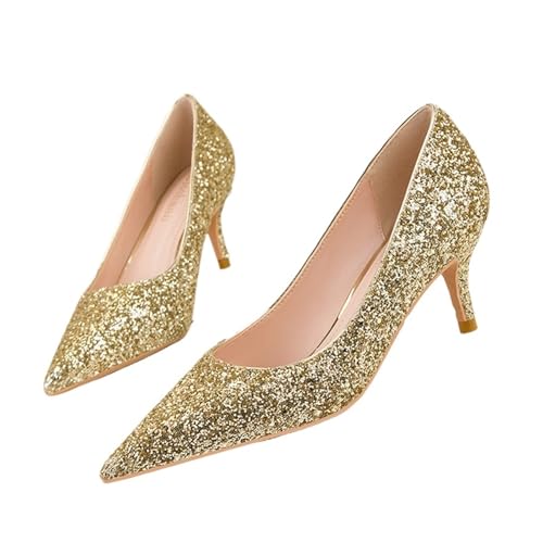 Hochzeitsschuhe Damen Herbstmode Pailletten Stoff Frauen Pumps High Heels 6cm Spitze Zehen Damen Büro Kleid Schuh(Gold,6) von LCKKJHG