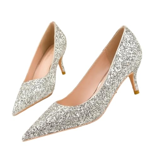 Hochzeitsschuhe Damen Herbstmode Pailletten Stoff Frauen Pumps High Heels 6cm Spitze Zehen Damen Büro Kleid Schuh(Silver,7) von LCKKJHG