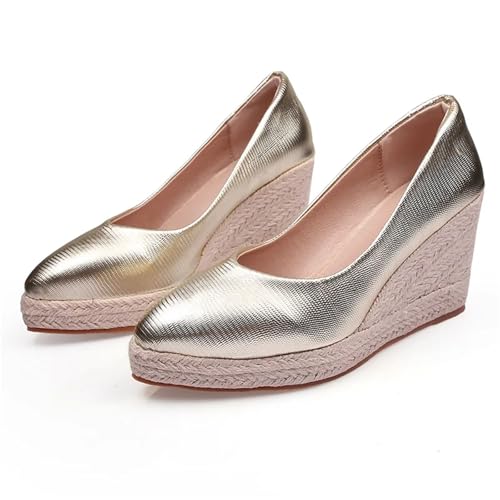 Hochzeitsschuhe Damen Mode High Heels Frauen Party Schuhe Pumps Damen Stöckelschuhe Keilabsatz 8cm Gold Schwarz Plus Größe(Gold,38) von LCKKJHG