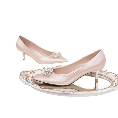 Hochzeitsschuhe Damen Seide Braut Hochzeit Schuhe Frau 5cm High Heels Kristall Schnalle Pumps Loafers Große Größe 34-43(Champagne,4.5) von LCKKJHG