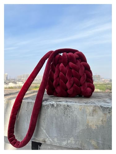 LCKKJHG Chunky Garn Gewebte UmhäNgetasche Handgemachte diy Tasche Samt Umhängetasche lässig vielseitige Handtasche(Claret) von LCKKJHG