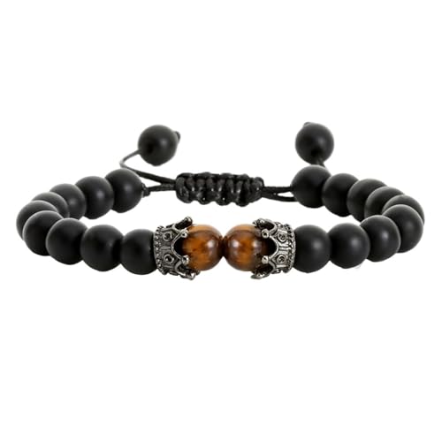 LCKKJHG Kristall Armband Schwarzes Lavastein-Kronen-Charm-Tigerauge-Perlen-Armband for Männer und Frauen, geflochtene Armbänder, handgefertigt, verstellbarer Schmuck(Light Yellow Gold Color) von LCKKJHG