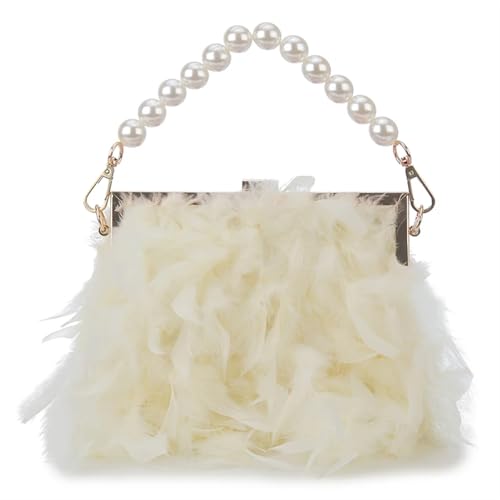 LCKKJHG clutch mit federn Feder Geldbörsen und Handtaschen for Frauen Party Abend Clutch Schultertasche Perle Kette Hochzeit Tasche(Light yellow) von LCKKJHG