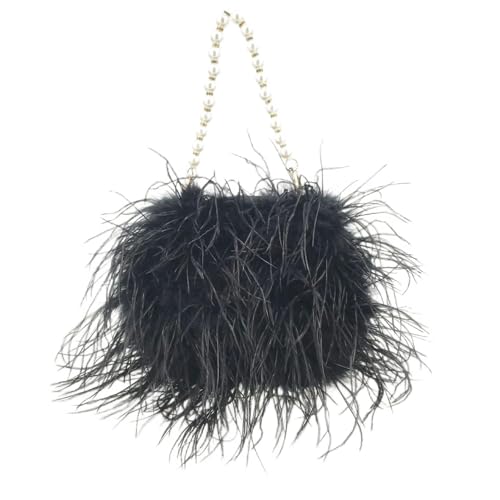 LCKKJHG clutch mit federn Feder Handtasche mit Perlenkette Mini Geldbörse for Party Pelzige kleine Hochzeit Braut romantische Tasche(Black) von LCKKJHG
