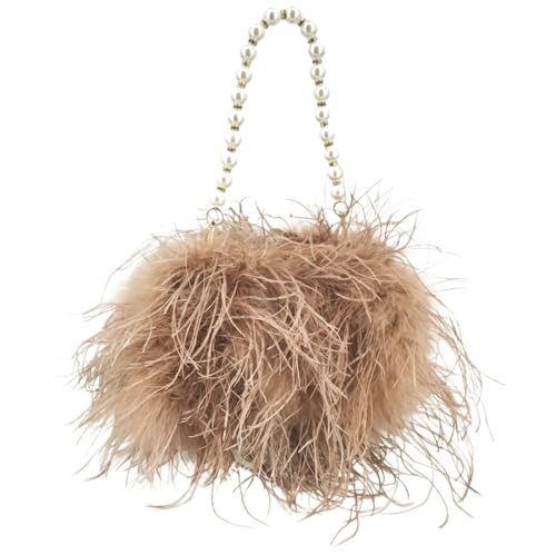 LCKKJHG clutch mit federn Feder Handtasche mit Perlenkette Mini Geldbörse for Party Pelzige kleine Hochzeit Braut romantische Tasche(Brown) von LCKKJHG