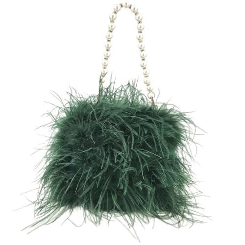 LCKKJHG clutch mit federn Feder Handtasche mit Perlenkette Mini Geldbörse for Party Pelzige kleine Hochzeit Braut romantische Tasche(Dark green) von LCKKJHG