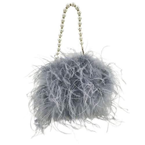 LCKKJHG clutch mit federn Feder Handtasche mit Perlenkette Mini Geldbörse for Party Pelzige kleine Hochzeit Braut romantische Tasche(GRAY) von LCKKJHG