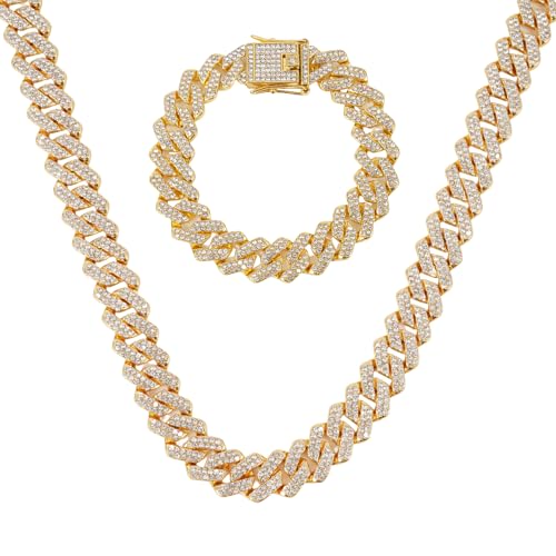 LCWLJL 2 x kubanische Gliederkette für Herren, Miami, kubanische Halskette und Armband, Gold/Silber, Diamantketten für Männer und Frauen, 14 mm, Iced Out Hip-Hop-Schmuck, 8inch Bracelet and 22 inch von LCWLJL