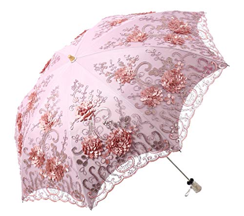 LCY Sonnenschirm Regenschirm,Regenschirm Uv-Schutz,Damen Spitze Sonnenschirm Brautschirm Taschenschirm-Rosa von LCY