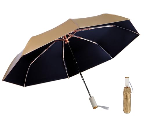 LCY Automatischer Regenschirm, Sonnenschirm mit UV-Schutz, faltbar, klein, leicht, kompakt, goldfarben, Schwarz, Einheitsgröße von LCY