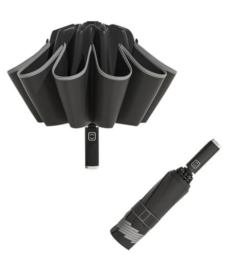 LCY Automatischer umgekehrter kompakter faltbarer Regenschirm, Anti-UV-Sonnenschirm, groß, winddicht, mit reflektierenden Streifen, Schwarz, Einheitsgröße von LCY