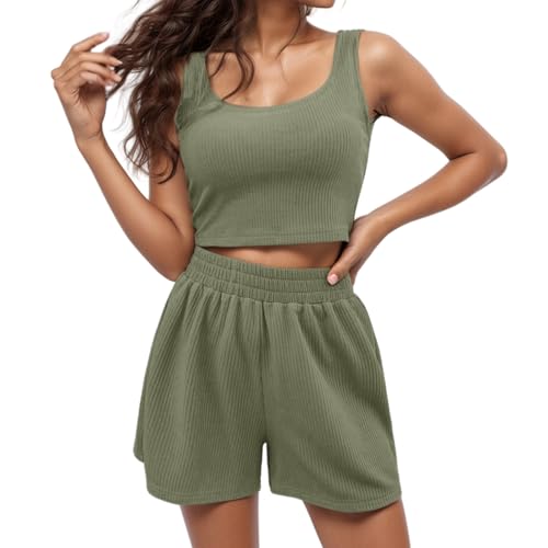 2 Teiler Damen Sommer, Zweiteiler Damen Sommer Outfits 2 Teiler Set Crop Tank Top + Shorts Hosenanzug Sport Outfit Loungewear Y2k Sportanzug Gym Anzug Sportset Für Teenager Mädchen Grün XL von LCpddajlspig