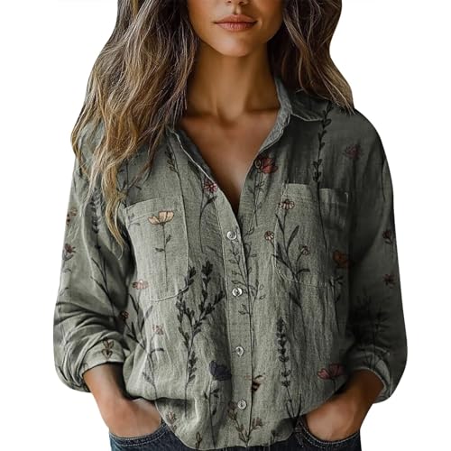 Ausgefallene Blusen, Boho Bluse Damen Vintage Boho Style Blumen Bluse Ausgefallene Blusen Strandhemd V-Ausschnitt Langarmshirts Blusenshirt Langarm Bohemian Kleidung Tops Sommer Grün M von LCpddajlspig