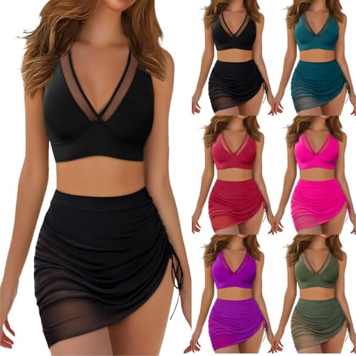 Bikini Damen Set, Bikini Schwarz Oberteil Mit Rock Badeanzug Zweiteilig High Waist Bademode Swimwear Women Push Up Beachwear Spitze Strandbekleidung Swimsuits 2 Teiler Schwarz S von LCpddajlspig