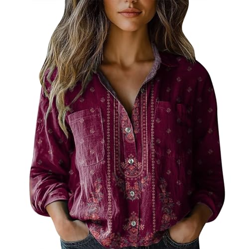 Bohemian Kleidung Damen, Boho Bluse Damen Vintage Boho Style Blumen Bluse Ausgefallene Blusen Strandhemd V-Ausschnitt Langarmshirts Blusenshirt Langarm Bohemian Kleidung Tops SommerWein XL von LCpddajlspig