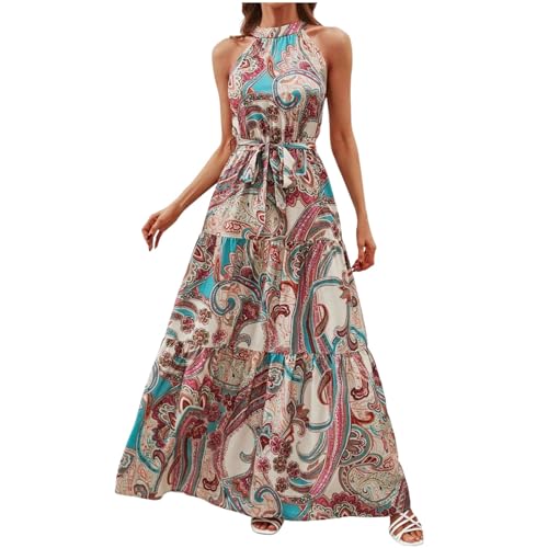 Boho Kleid Damen, Vintage Kleider Boho Style Cocktailkleid Floral Dress V-Neck Blumenkleid Maxikleid Freizeit Sommerkleid Lang Festliche Kleider Elegant Frühlingskleid Beige L von LCpddajlspig