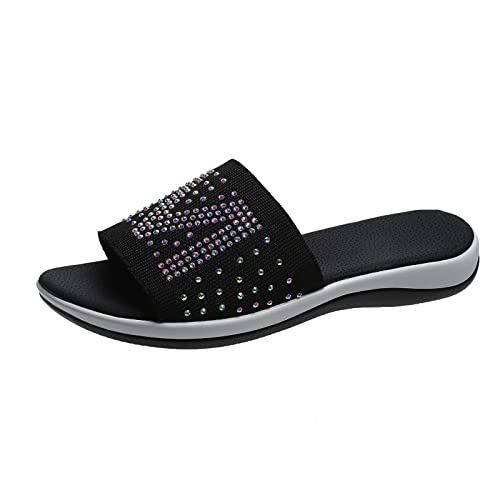 Bonova Pantoletten Damen Slide Duschlatschen Orthopädische Pantoffeln Flach mit Strass Sandalen Keilsandale Rutschfest Open Toe Sommer Strandschuhe Keilabsatz Wasserfest Pantoletten Badeschlappen von LCpddajlspig