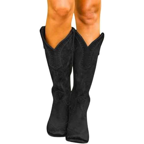 Cowboystiefel Damen Schwarz, Cowboystiefel Damen Leder: Westernstiefel Lederstiefel Wildlederstiefel Weiter Schaft Cowboyboots Wildleder Cowboy Boots Long Damenstiefel Mit Absatz Stiefel von LCpddajlspig