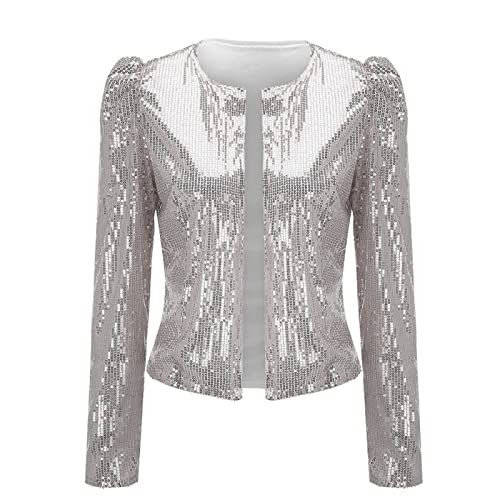 Damen Pailletten Bolero Jacke Festlich Silber Langarm Glänzend Jacke Große Größen Party Glitzer Oberteile Pailletten Strickjacke Hiphop Elegant Karneval Pailletten Blazer Kurz Bolerojacke von LCpddajlspig