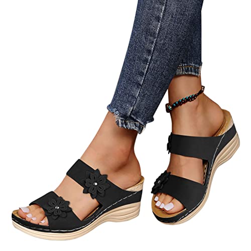 Damen Pantoletten mit Fußbett Orthopädische Sommer Badepantolette Slippers Elegant Wasserfest Keilabsatz Sandalen Badelatschen Rutschfest Leder Badeschlappen Schlappen Slide Duschlatschen Hausschuhe von LCpddajlspig