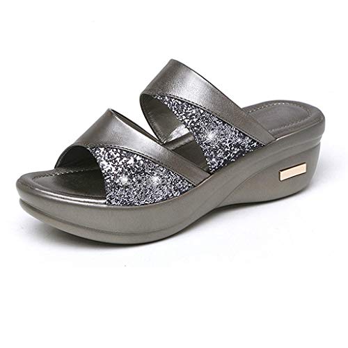 LCpddajlspig Damen Pantoletten mit Fußbett Orthopädische Badepantolette Slippers Wasserfest Keilabsatz Sandalen Badelatschen Rutschfest Leder schlappen Slide Duschlatschen Hausschuhe, X06 Silver,40EU von LCpddajlspig