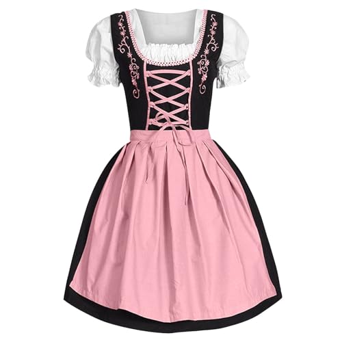 Dirndl Kleid Damen, Dirndl Damen Dirndlkleid Set Midi Lang Dirndlschürze Trachtenkleid Mit Blumenmuster Komplettsets Trachtenrock Trachtenmode Knielang Trachten Oktoberfest Outfit Rosa XXL von LCpddajlspig