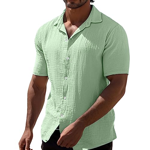 Freizeithemd Herren Kurzarm Slim Fit Sommer V Ausschnitt Regular Fit Bügelfrei Hemd Stretch Oversize Shirt Leinenhemd Sommerhemd Leinen Baumwolle Herrenhemden Strandhemd von LCpddajlspig