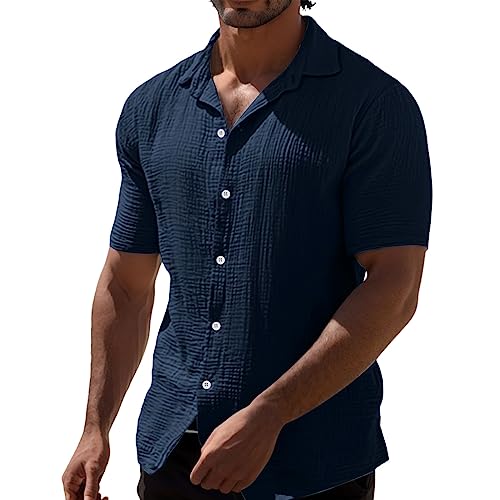 Freizeithemd Herren Kurzarm Slim Fit Sommer V Ausschnitt Regular Fit Bügelfrei Hemd Stretch Oversize Shirt Leinenhemd Sommerhemd Leinen Baumwolle Herrenhemden Strandhemd von LCpddajlspig