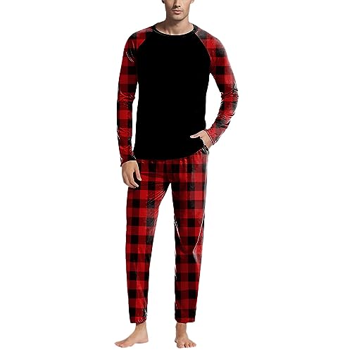 Frottee Schlafanzug Herren Kuschel Zweiteiliger mit Bündchen Loungewear mit Knopfleiste Pyjama Set Pyjama Winter Kariert Flanell Hose und Einfärbiger T-Shirt Warm Lang Hausanzug Schlafanzug Set von LCpddajlspig