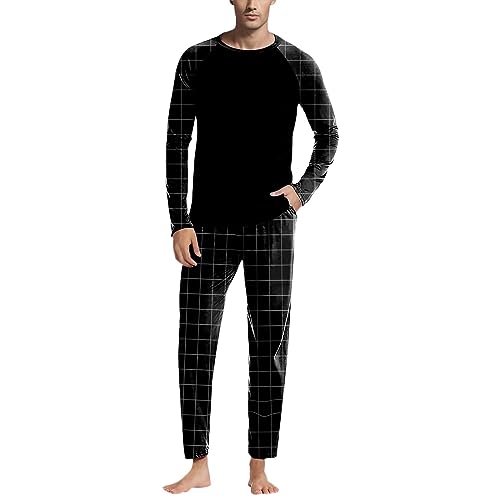 Frottee Schlafanzug Herren Kuschel Zweiteiliger mit Bündchen Loungewear mit Knopfleiste Pyjama Set Pyjama Winter Kariert Flanell Hose und Einfärbiger T-Shirt Warm Lang Hausanzug Schlafanzug Set von LCpddajlspig