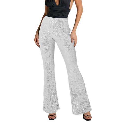 Glitzer Hose Damen Elegant Verziert mit Pailletten Pailettenhose Lang Festival Glänzende Hose Schlaghose Party Hip Hop mit weitem Bein Elastische Silber Glitzerhosen Tanzhose Rave Outfit von LCpddajlspig