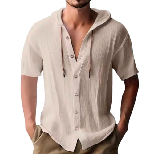 Hemd Herren Kurzarm, Leinenhemd Herren Kurzarm Hemd Mit Kapuze Sommerhemden Linen Shirt Men Herrenhemd Sommer Leinen Tshirt Kurzarmhemd Kapuzenhemd Freizeithemd Strandhemd Khaki XL von LCpddajlspig