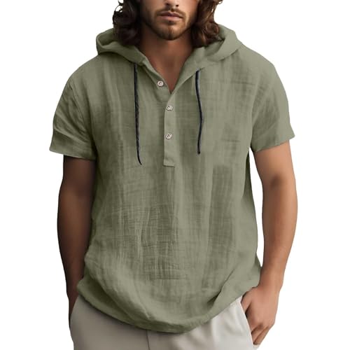 Herrenhemd Kurzarm, Leinenhemd Herren Kurzarm Hemd Mit Kapuze Sommerhemden Linen Shirt Men Herrenhemd Sommer Leinen Tshirt Kurzarmhemd Kapuzenhemd Freizeithemd Strandhemd Grün 3XL von LCpddajlspig