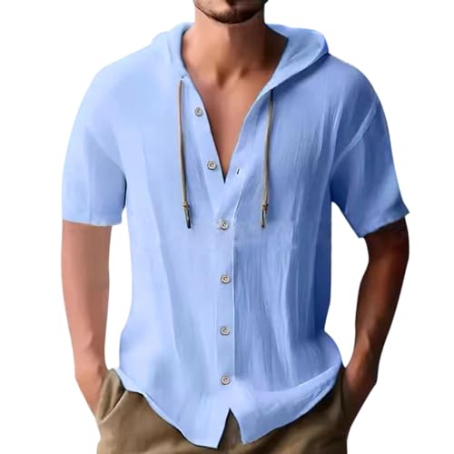 Herrenhemden Kurzarm, Leinenhemd Herren Kurzarm Hemd Mit Kapuze Sommerhemden Linen Shirt Men Herrenhemd Sommer Leinen Tshirt Kurzarmhemd Kapuzenhemd Freizeithemd Strandhemd Blau XXL von LCpddajlspig