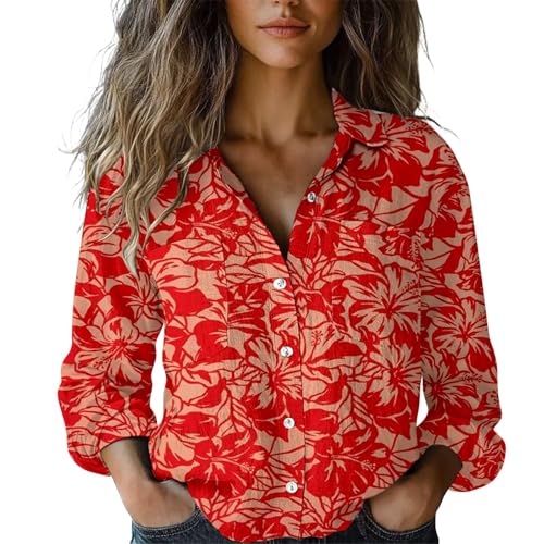 Italienische Mode Damen, Boho Bluse Damen Vintage Boho Style Blumen Bluse Ausgefallene Blusen Strandhemd V-Ausschnitt Langarmshirts Blusenshirt Langarm Bohemian Kleidung Tops SommerRoter M von LCpddajlspig