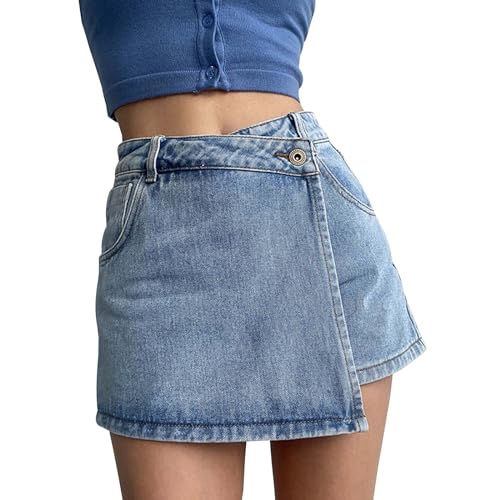 Jeansrock Damen Kurz A-Linie Elegant Große Größen Hosenrock Jeans Skort Stretch Blau Kurzer Rock mit Taschen High Waist Minirock Jeansröcke Sexy Sommerrock Röcke Mädchen Wickelrock von LCpddajlspig
