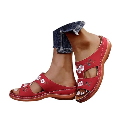 Keilabsatz Schuhe Damen Sommer, Orthopädische Sandalen Damen Sommerschuhe Breite Füße Hausschuhe Pantoletten Plateau Offene Sommer Schuhe Keilabsatz Sandaletten Weite H Pu-Leder LatschenRoter 39 von LCpddajlspig
